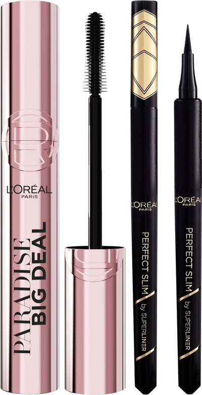 L’Oréal Paris Paradise Big Deal Mascara & Superliner Perfect Slim Intense Black Eyeliner - Mascara voor opbouwbare volume en lengte - Zwarte pen eyeliner - Routine Bundel