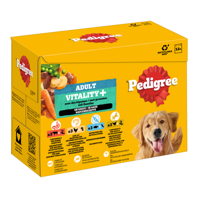 24x85g Pedigree Adult vers zakjes voor honden Vitality+ 4 soorten in Saus nat honden voer - natvoer honden