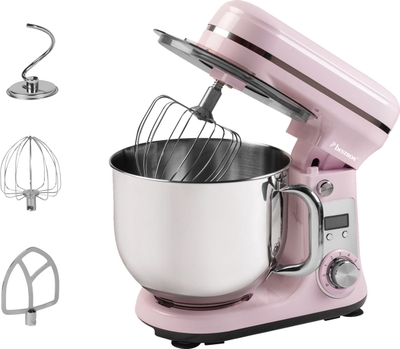 Bestron Keukenmachine, Super Stille (65dB) 4-in-1 Keukenmachine met DC-motor, 6 liter mengkom, incl. deeghaak, garde en klopper, 6 snelheden + pulsefunctie, kleur: Roze