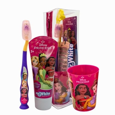 Mr.White Princess Pouch Set voor kinderen - tandenborstel met zuignap aan de basis, borstelhoes, delicate kindertandpasta, 75 ml formaat en glas