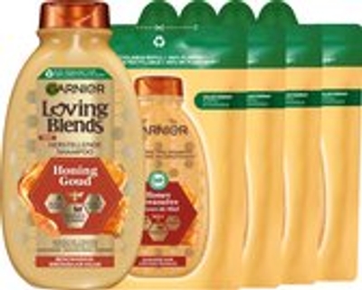 Garnier Loving Blends Honing Goud Shampoo & Refill - Voor beschadigd en breekbaar haar - Vermindert haarbreuk en gespleten punten - 5x 250ml