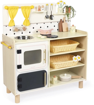 Janod Shiny Grandma - Grote Houten Keuken - Grote Luxe Uitgeruste Speelkeuken, Met 16 Accessoires - Perfect Voor Kleine Chef-Koks - Tijdloos Design, Geïnspireerd Op Oma's Keuken - Geschikt Vanaf 3 Jaar