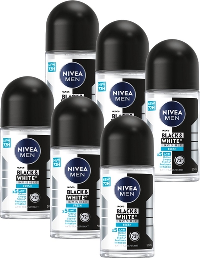 NIVEA MEN Invisible for Black & White Fresh Anti-Transpirant Deo Roller- Deo Tegen witte en gele vlekken - 72 uur bescherming - Frisse geur – Alcoholvrij - 6x 50ml