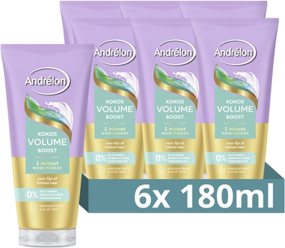Andrélon 1 Minuut WOW Haarmasker - Kokos Volume Boost - verrijkt met kokosextract en aloë vera - 6 x 180 ml