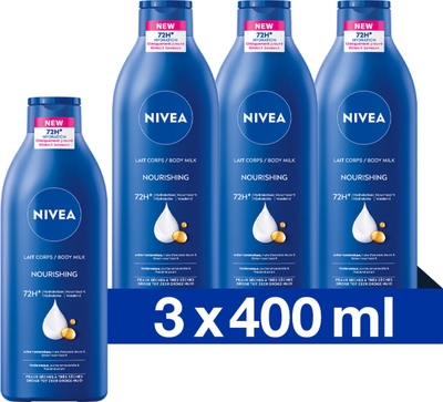 NIVEA Verzorgende Body Milk - met Hyaluronzuur Zachte Amandel Olie en Voedend serum - Body Melk met 72 Uur Hydratatie - Voor Droge tot Zeer Droge Huid - 3x400 ml