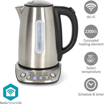 Nedis SmartLife Smart Waterkoker – WiFi – Temperatuurknoppen – App-bediening – Strix – RVS – 1,7L – Zilver