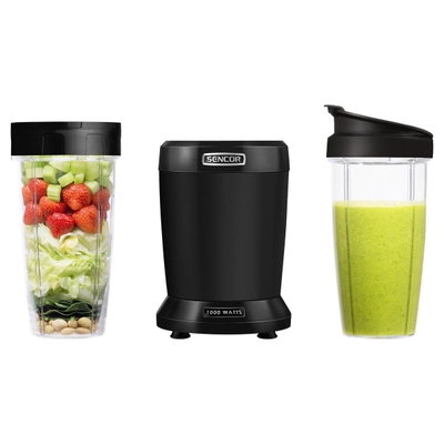 Sencor SNB 4303BK nutri blender - inclusief twee tritan drinkbekers to go - 0,8 en 1 liter - 1.000 Watt - titanium messen - pulse functie - BPA-vrij - zwart