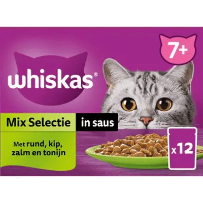 Whiskas 7+ Kattenvoer - Mix selectie in saus - maaltijdzakjes 12x85g - natvoer katten