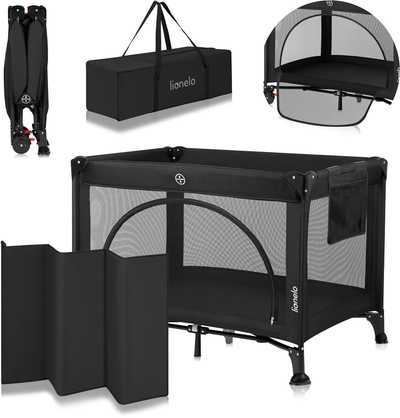 Lionelo Laura - Compact 2-in-1 Reisbedje & Box - Kinderbed - Lichtgewicht - 2 Hoogtes - Wielen met Rem - Gaas Zijpanelen & Peuter Ingang - Inclusief Draagtas & Opbergzak