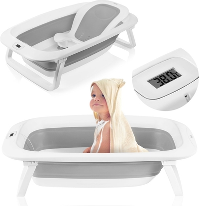 Lionelo BabyBubble Opvouwbaar Babybad – met Thermometer – Inclusief Ergonomisch Ligstoel – 50L Inhoud – Antislip Poten – Zachte Randen – Afvoerstop – Inklapbaar & Ruimtebesparend – Voor Baby’s & Peuters (0-3 jaar)