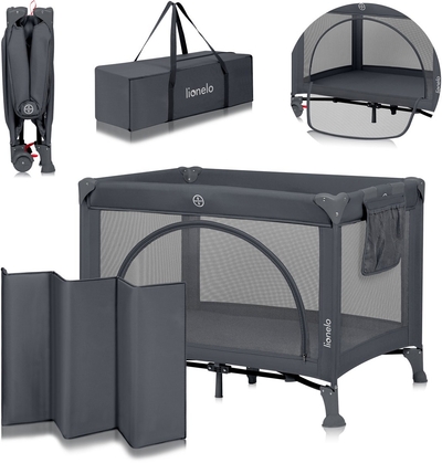 Lionelo Laura - Compact 2-in-1 Reisbedje & Box - Kinderbed - Lichtgewicht - 2 Hoogtes - Wielen met Rem - Gaas Zijpanelen & Peuter Ingang - Inclusief Draagtas & Opbergzak