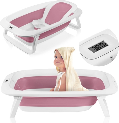 Lionelo BabyBubble Opvouwbaar Babybad – met Thermometer – Inclusief Ergonomisch Ligstoel – 50L Inhoud – Antislip Poten – Zachte Randen – Afvoerstop – Inklapbaar & Ruimtebesparend – Voor Baby’s & Peuters (0-3 jaar)