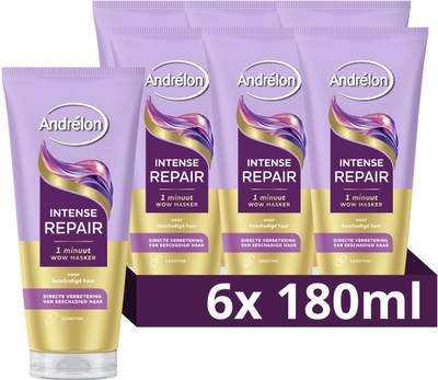 Andrélon 1 Minuut WOW Haarmasker - Intense Repair - verrijkt met gehydrolyseerde keratine - 6 x 180 ml