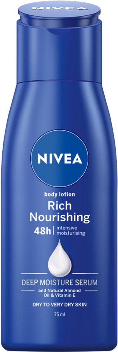 NIVEA Verzorgende Body Milk - met Hyaluronzuur Zachte Amandel Olie en Voedend serum - Body Melk met 72 Uur Hydratatie - Voor Droge tot Zeer Droge Huid - 75 ml