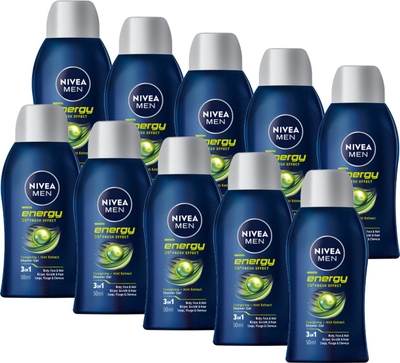 NIVEA MEN Energy Mini Douchegel - 3-in-1 Shower Gel Met Mintextract - Vakantie Mini's - Reisverpakking Shampoo - 10x 50ml