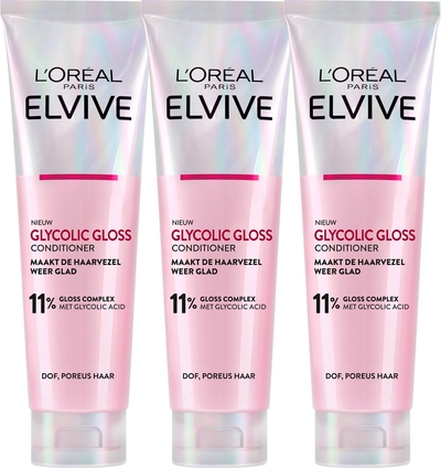 L'Oréal Paris Elvive Glycolic Gloss Conditioner - voor dof, poreus haar - met glycolic acid voor glanzend haar - 3x 150 ml