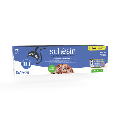 6x140g Tonijn met witte vis Schesir Complete voeding in gelei natvoer voor katten - natvoer katten