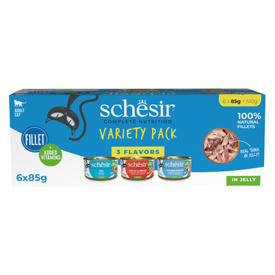 Schesir Complete Voeding filet in gelei 6 x 85 g - Mixpaket (3 Soorten) - natvoer katten