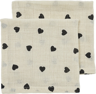 Meyco Baby Sweet Heart monddoekjes - 2-pack - pre-washed hydrofiel - soft sand/black - 30x30cm