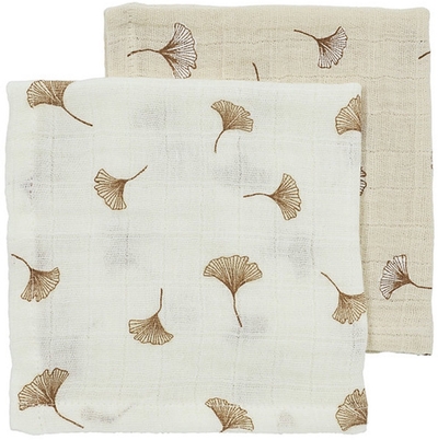 Meyco Baby Gingko Monddoekjes - 2 Stuks - 30 x 30 cm - Pre-Washed Hydrofiel - Offwhite/Soft Sand