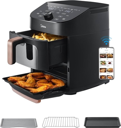 Midea Air fryer MF-CY110A - Heteluchtfriteuse - dubbele stapel - overlappende heteluchtfriteuse - slimme wifi-synchronisatie met Alexa - 11L XL verticaal ruimtebesparend ontwerp - 10-in-1 mandgrillpan - geschikt voor 3 tot 8 personen - 2400 W