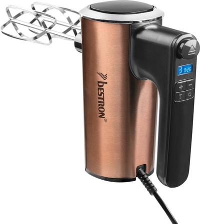 Bestron Power Handmixer, krachtige handmixer met 6 snelheden, turbo-functie & LCD-display, mixer inclusief 2 gardes & 2 kneedhaken, lichtgewicht van 1KG, kleur: koper