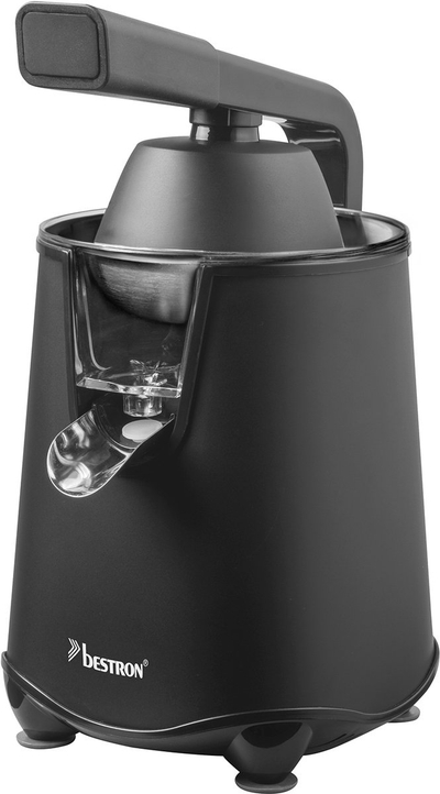 Bestron elektrische Citruspers, Sinaasappelpers met druppelstop en roestvrijstalen pulpzeef, incl. 2 perskegels, 450ml capaciteit, soft-press hendel voor eenvoudige bediening, kleur: Zwart Mat