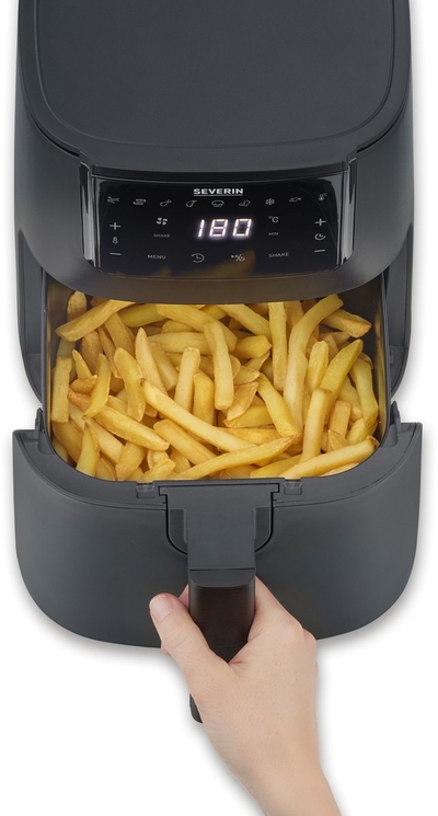 Severin FR 2461 Heteluchtfriteuse, ca. 1300W ,4L, hetelucht technologie voor gezondheidsbewust koken, touchscreen, 8 automatische programma's, Shake Functie, PTFE vrij