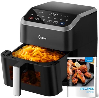 Midea airfryer MF-CY55K - Midea Heteluchtfriteuse - 5L Inhoud - HeatXpress Technologie - Energie- en Tijdsbesparing met 7 Voorinstellingen - Kijkvenster & Licht - Antiaanbaklaag - Zwart