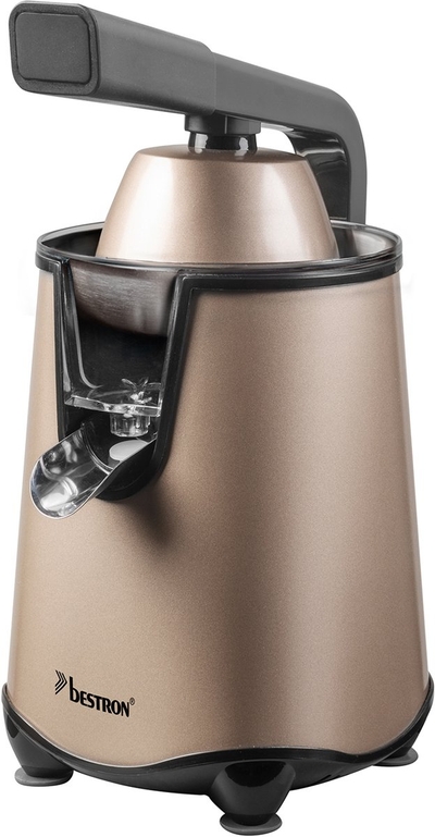 Bestron elektrische Citruspers, Sinaasappelpers met druppelstop en roestvrijstalen pulpzeef, incl. 2 perskegels, 450ml capaciteit, soft-press hendel voor eenvoudige bediening, kleur: Beige