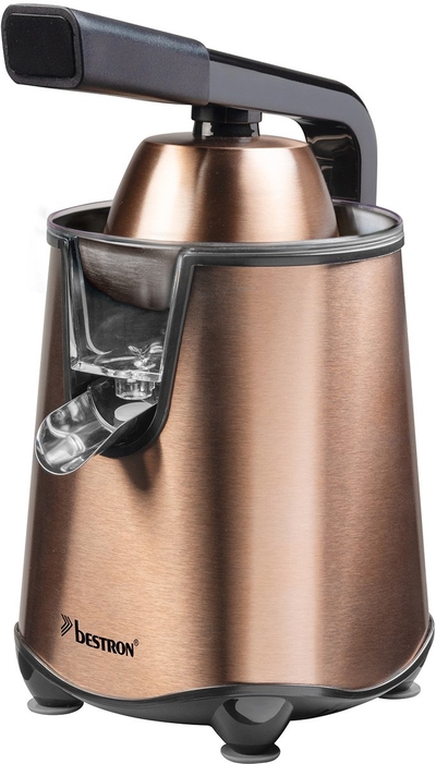 Bestron elektrische Citruspers, Sinaasappelpers met druppelstop en roestvrijstalen pulpzeef, incl. 2 perskegels, 450ml capaciteit, soft-press hendel voor eenvoudige bediening, kleur: Koper
