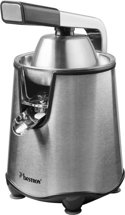 Bestron elektrische Citruspers, Sinaasappelpers met druppelstop en roestvrijstalen pulpzeef, incl. 2 perskegels, 450ml capaciteit, soft-press hendel voor eenvoudige bediening, kleur: Zilver