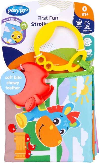 Playgro - First Fun Stroller Book - Bijtboekje - Bijtprofiel - Baby boek -baby boekje 0-6 maanden - Bijtring - baby boekje met geluid