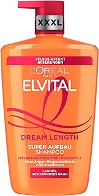 L'Oréal Paris Elvital XXXL Shampoo tegen gespleten haarpunten, voor fantastisch lang haar, met ricinusolie, vitaminen en plantaardige eiwitten, Dream Length Super opbouw haarshampoo, 1 x 1000 ml