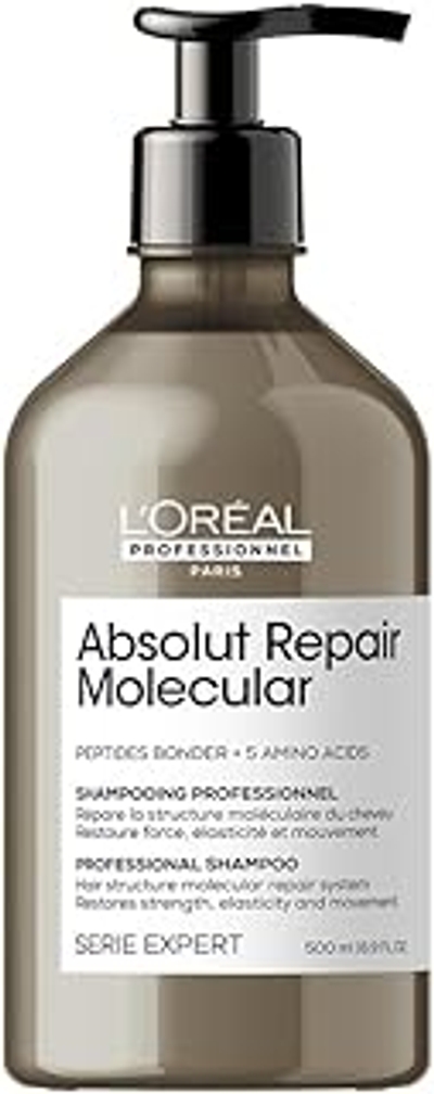 L'Oréal Professionnel, Herstellende Shampoo, Voor Zeer Beschadigd Haar, Herstelt de Moleculaire Structuur Van het Haar, Met Peptiden Bonder en 5 Aminozuren, Absolut Repair Molecular, 500ml