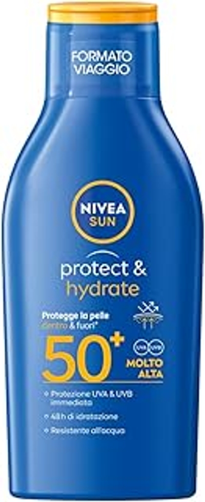 NIVEA SUN Protect & Hydrate SPF 50+ reisformaat 100 ml, zonnecrème 50+, hydraterend, 48 uur snel intrekkend, zonbescherming 50+, waterdicht, met vitamine C en hyaluronzuur