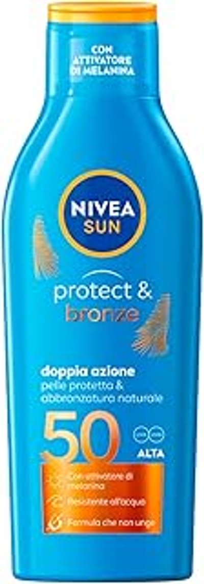 NIVEA Sun Zonnemelk Protect & Bronze FP 50 200 ml zonnecrème 50 voor een intensieve en gelijkmatige goudbruining, zonbescherming 50 met melanine-activator