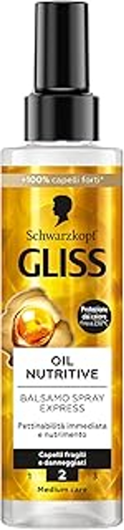 Schwarzkopf Gliss Oil Nutritive Conditioner Spray Express, nährend, 200 ml, Leave in Conditioner Spray mit Omega-9 und Marulaöl, Conditioner ohne Ausspülen und Hitzeschutz für strapaziertes Haar