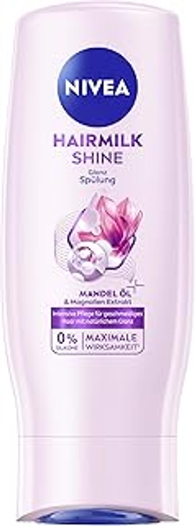 NIVEA Hairmilk Shine Glans conditioner 200 ml, conditioner voor droog haar met natuurlijke amandelolie en magnolia-extract