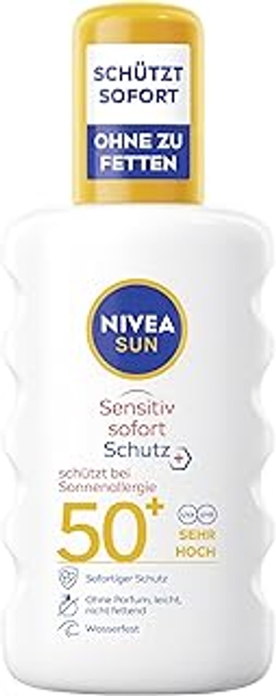 NIVEA SUN Sensitiv Zonnespray met SPF 50+, zonnebrandcrème met SPF 50+ voor de gevoelige huid, watervaste en geurvrije zonwering bij zonallergie 200 ml