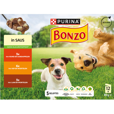 Bonzo Maaltijdzakjes in saus rund, kip, lam Nat hondenvoer 12 x 85 g - natvoer honden