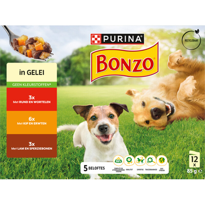 Bonzo Maaltijdzakjes in gelei rund, kip, lam Nat hondenvoer 12 x 85 g - natvoer honden