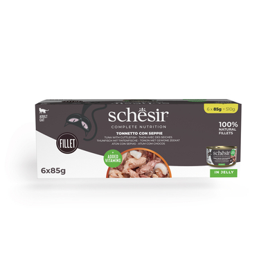 Schesir Complete Voeding filet in gelei 6 x 85 g - Tionijn met Inktvis - natvoer katten