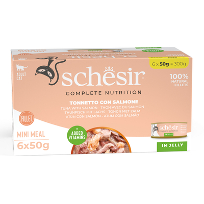 6x50g Tonijn met zalm Schesir Complete Voeding filet in gelei natvoer voor katten - natvoer katten