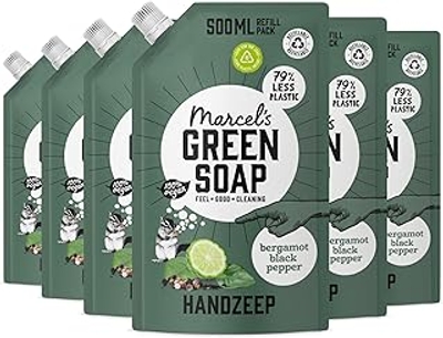Marcel's Green Soap - Handzeep, zwarte peper en bergamot navulling, navulverpakking voor handwas, veganistisch, 97% biologisch afbreekbaar, 3000 ml, 500 ml verpakking van 6 stuks