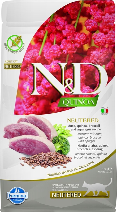 N&D Quinoa voeding voor de gecastreerde kat Eend 1,5 kg kattenbrokken