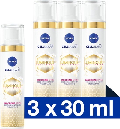 NIVEA Cellular LUMINOUS630 Anti-Spot Dagcrème Gezicht - Anti-Pigment Vlekken - Pigmentvlekken Verwijderen - Gezichtsverzorging Alle huidtypen - SPF 50 - 3x30 ml 