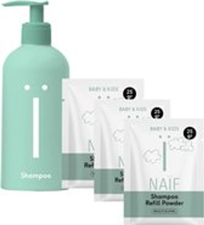 Naïf - Waterless fles (Gratis) & 3 Shampoo Navulpoeders - voor Baby & Kids - 275ml + 25gr