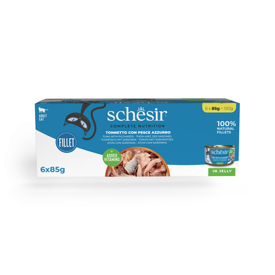 Schesir Complete Voeding filet in gelei 6 x 85 g - Tonijn met Sardinen - natvoer katten