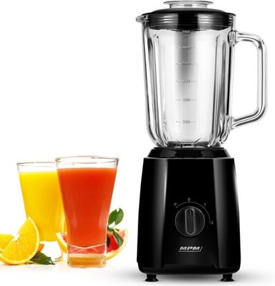 MPM Blender met Glazen Kan 1,5 Liter en RVS Messen - 2 Snelheden + Puls-functie - Ijsmaler - 750W - Zwart